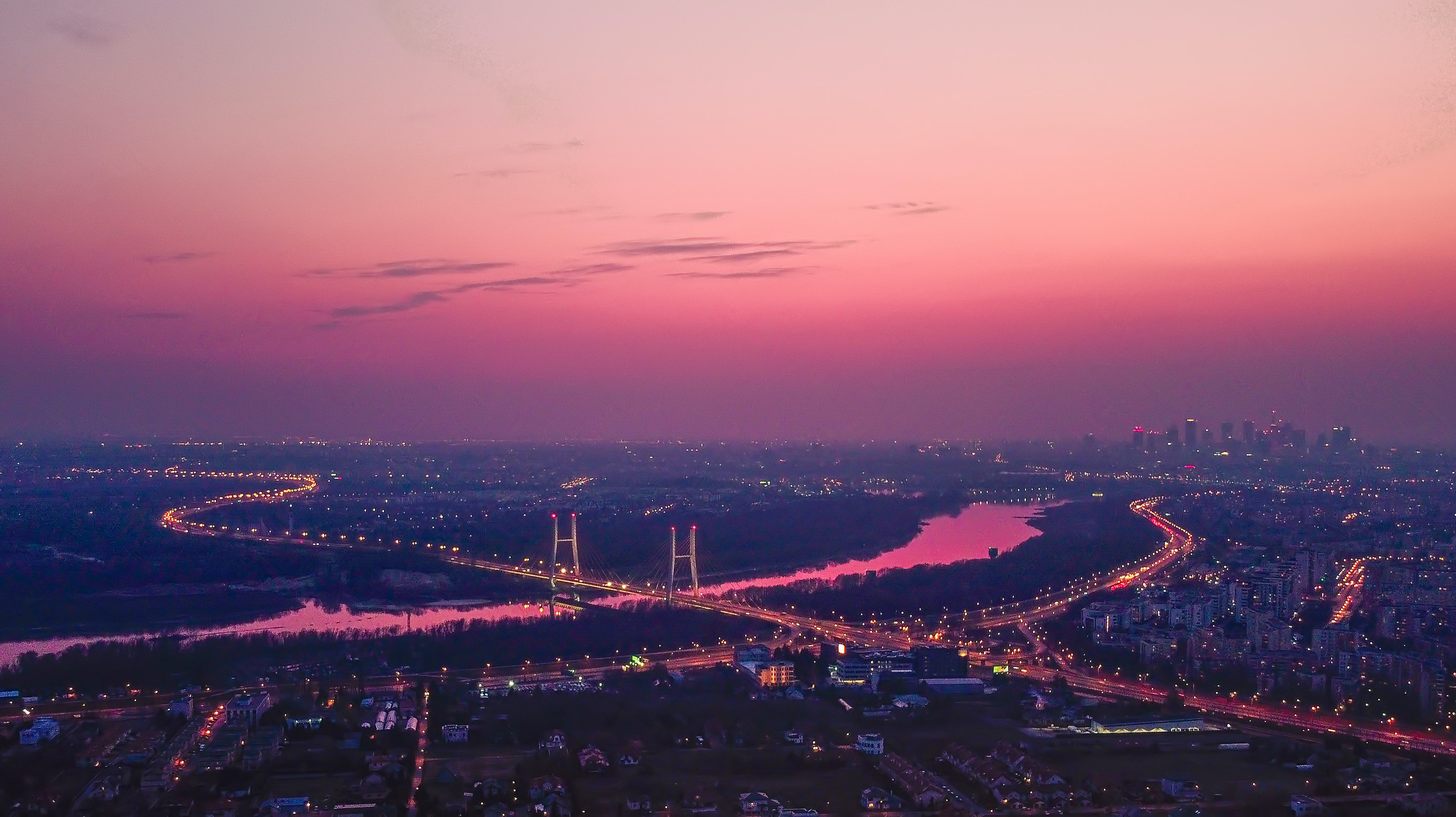 Purple sunset over Warsaw Bridge, Warsaw, Poland