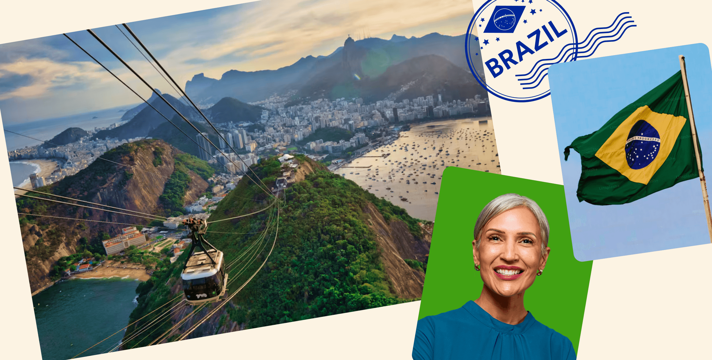 A collage featuring a cable car over Rio, Brazil's flag, and a smiling woman against a green background, with a Brazil stamp.