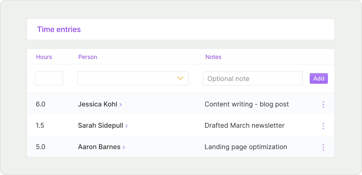 Screenshot from Time entries page