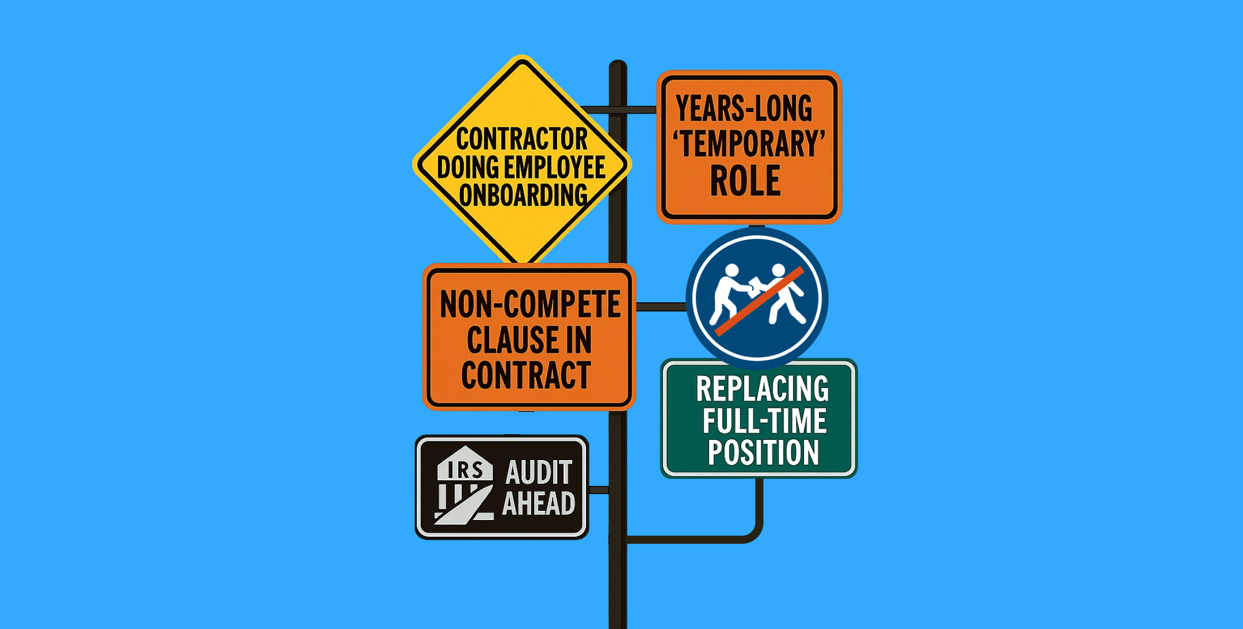 Signpost with various work-related signs, including "Contractor Doing Employee Onboarding" and "Years-Long 'Temporary' Role."